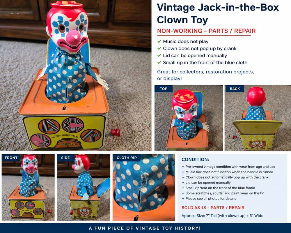 Vintage 1971 Mattel Jack in the Music Box Tin Clown Toy